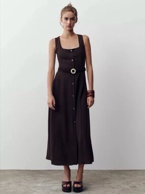 ZARA ❕NEW BELTED MIDI DRESS SIZE LARGE COLOR BROWN REF: 5029/124